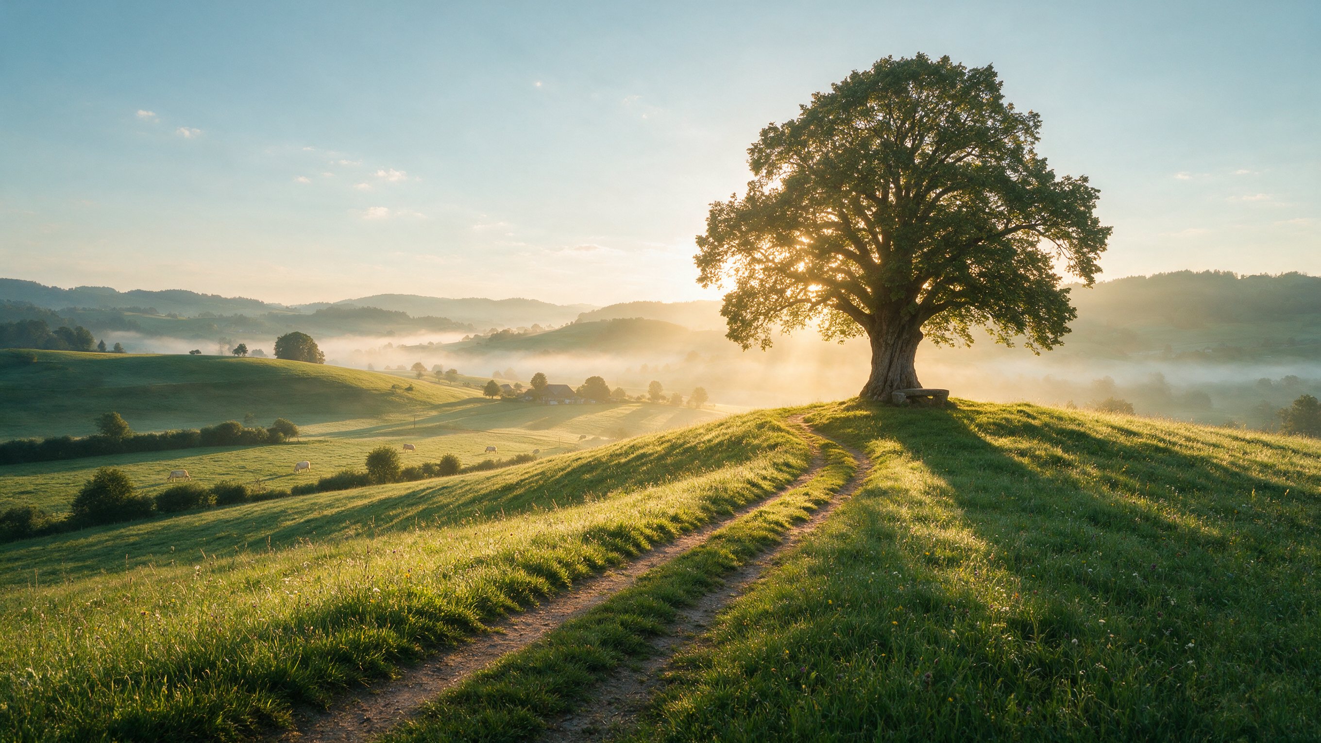 Wiesenpfad steigt auf eine Anhöhe mit einzelner Linde, Gegenlicht im Morgendunst