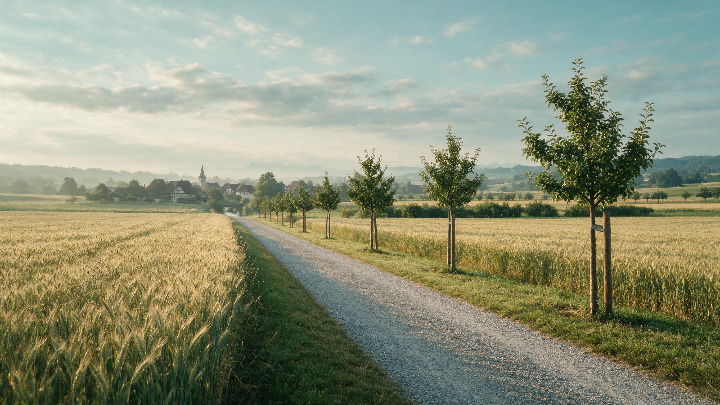 Gerader Kiesweg mit Obstbaum-Reihe zwischen Getreidefeldern, Dorf im Morgendunst