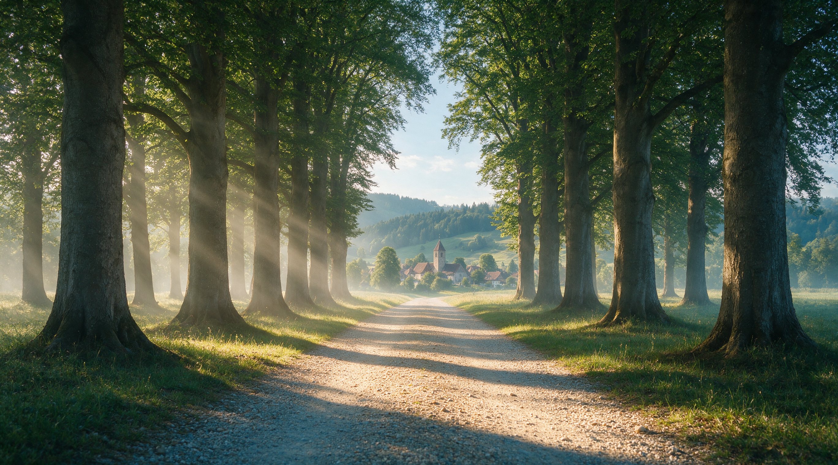 Sanft gewellte Wiesenlandschaft mit einzelnem Baum im warmen Morgenlicht